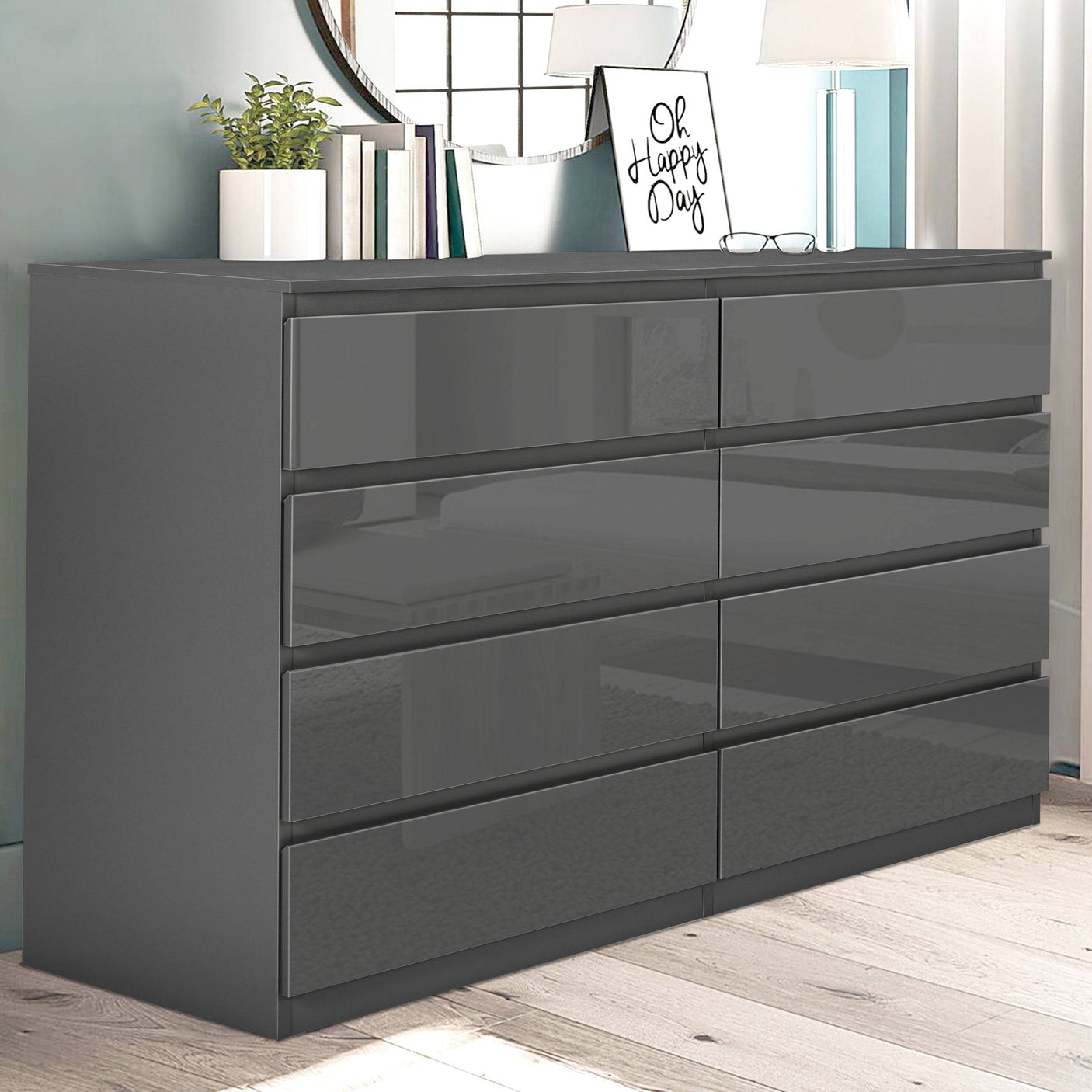 Blisswood Dark Grey Chest of Drawers - High Gloss Drawers 8-drawer wide unit in a bedroom, offering maximum storage with sleek design.