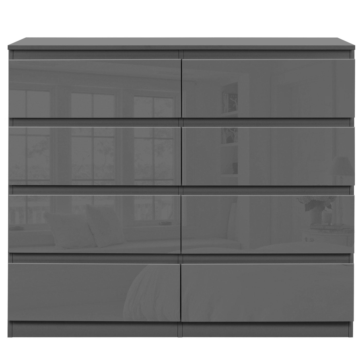 Front view of Blisswood Dark Grey Chest of Drawers - High Gloss Drawers 8-drawer model with a modern, glossy and symmetrical layout.