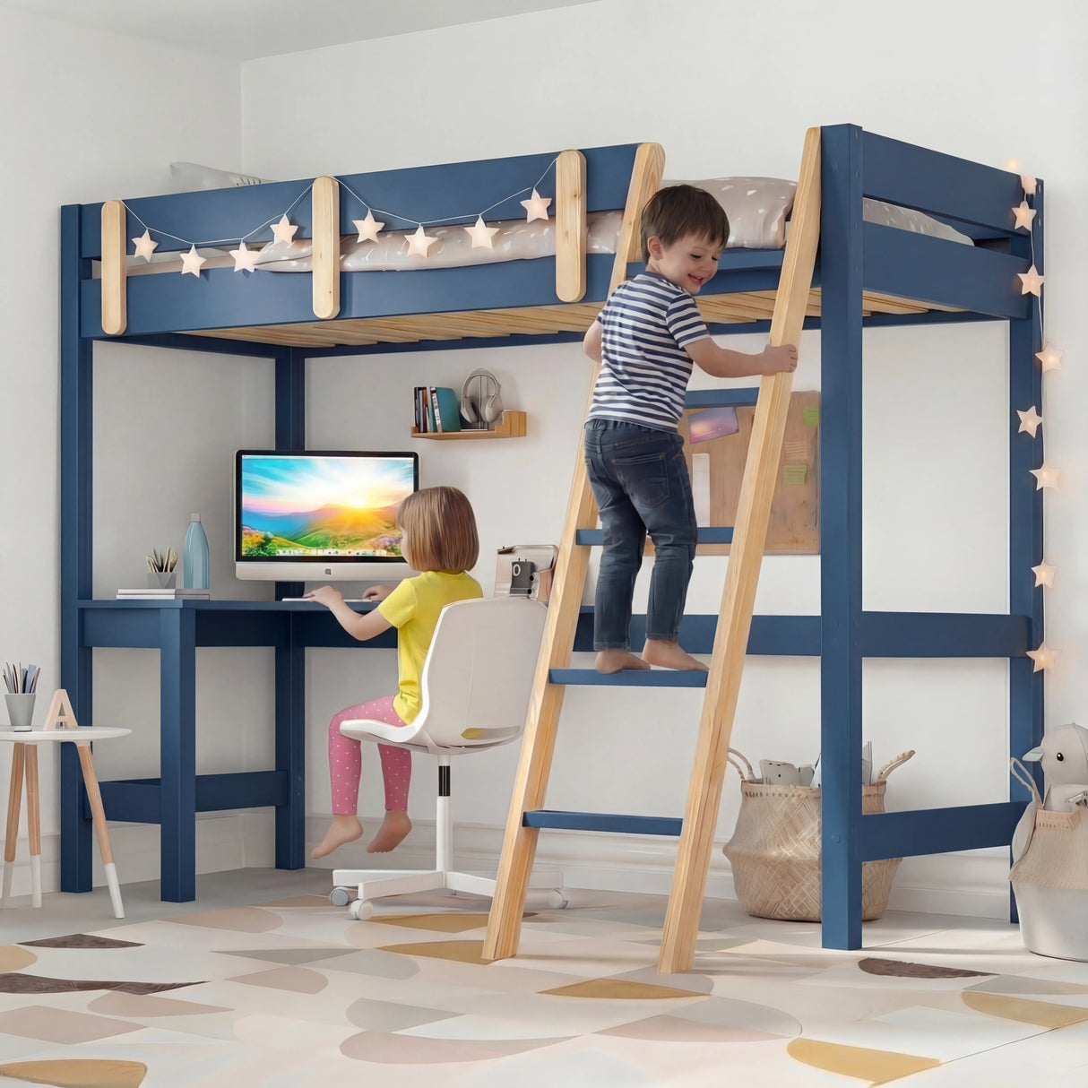 Bunk Bed With Desk - High Sleeper Loft Bed Frame For Kids in blue wood finish with safety rails, ladder, and built-in study desk underneath. Ideal space-saving furniture for children's bedrooms.