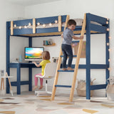 Bunk Bed With Desk - High Sleeper Loft Bed Frame For Kids in blue wood finish with safety rails, ladder, and built-in study desk underneath. Ideal space-saving furniture for children's bedrooms.