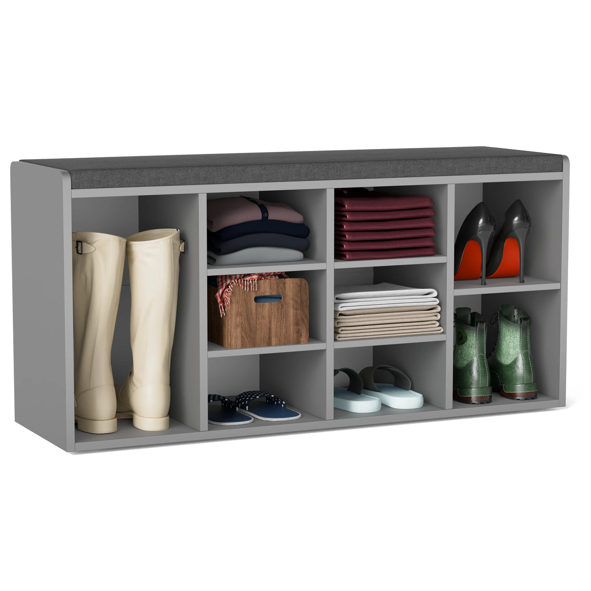 Hallway Shoe Storage Bench With Cushion & Adjustable Shelves