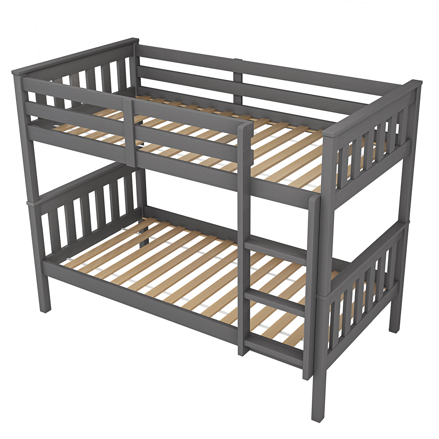 Dark grey wooden bunk bed frame without mattresses, showing slatted base and detachable design for kids' rooms.