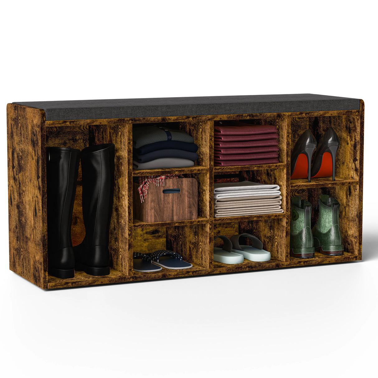 Hallway Shoe Storage Bench With Cushion & Adjustable Shelves