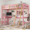 Bunk bed with desk - high sleeper loft bed frame for kids in pink wood, featuring a study area with computer, chair, and decorative fairy lights.