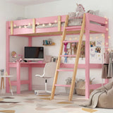 Bunk bed with desk - high sleeper loft bed frame for kids in pink wood, featuring a study area with computer, chair, and decorative fairy lights.