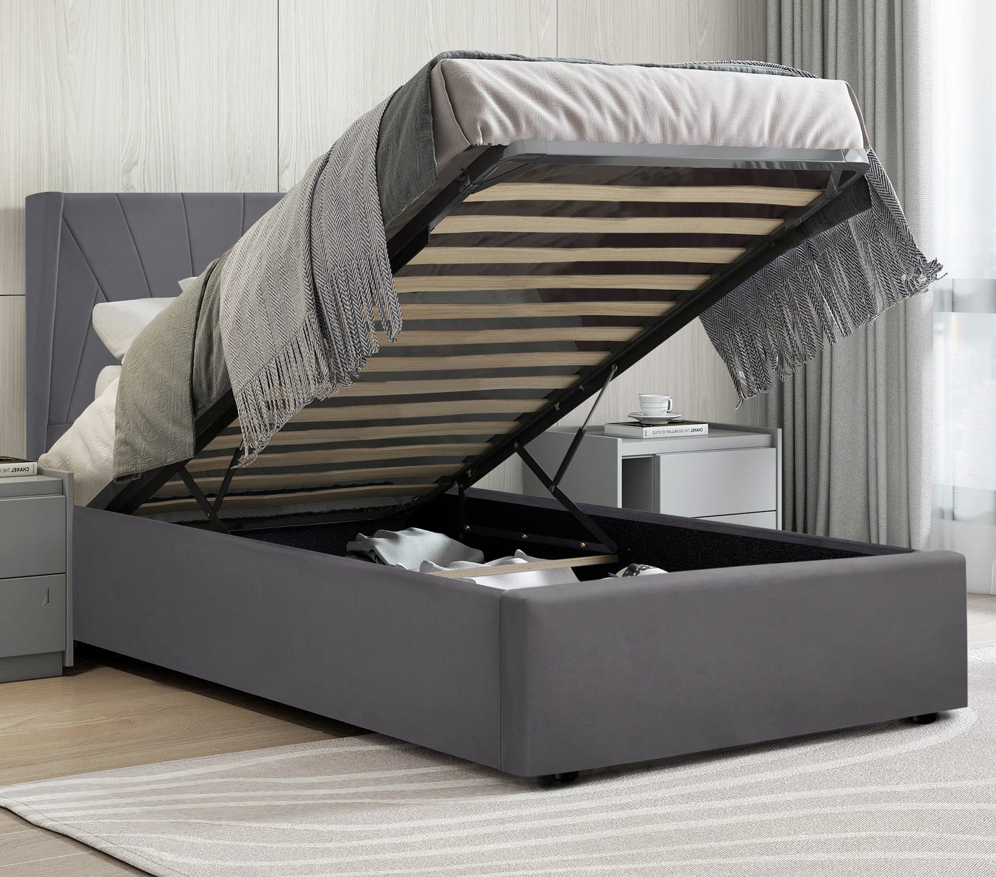 Blisswood Velvet Quilted Sunrise Design Ottoman Storage Bed With Mattress