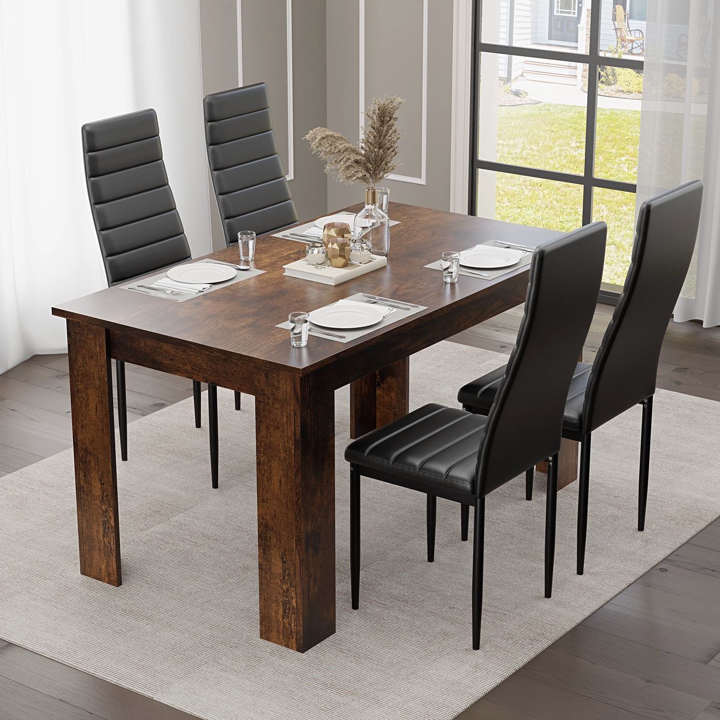 Warm Pine Dining Table Set Of 4 With Modern Padded Chairs