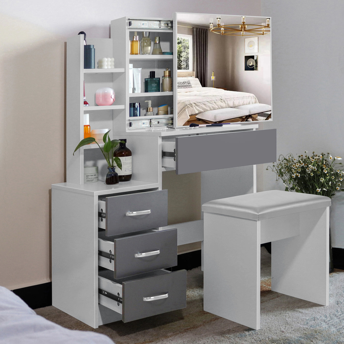 Dressing Table with Storage, Drawers and Mirror - Vanity Makeup Table