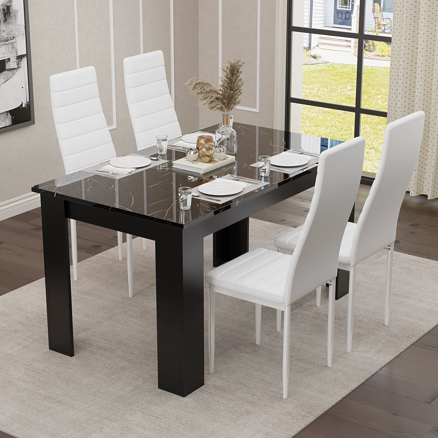 Compact Black Marble Finish Kitchen Table and Chairs Set