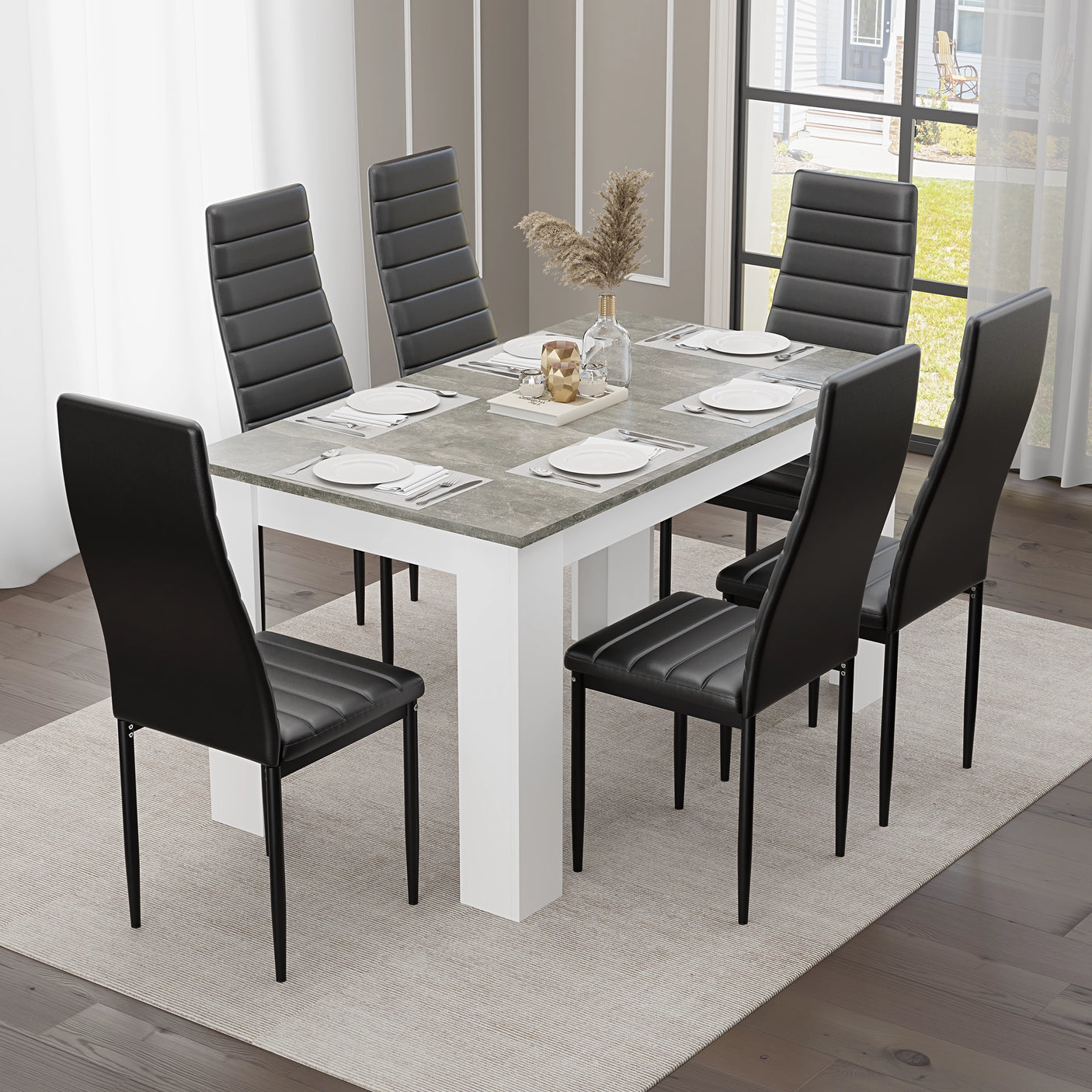 Stylish Grey Marble Finish Dining Table Set with 4 Padded Chairs