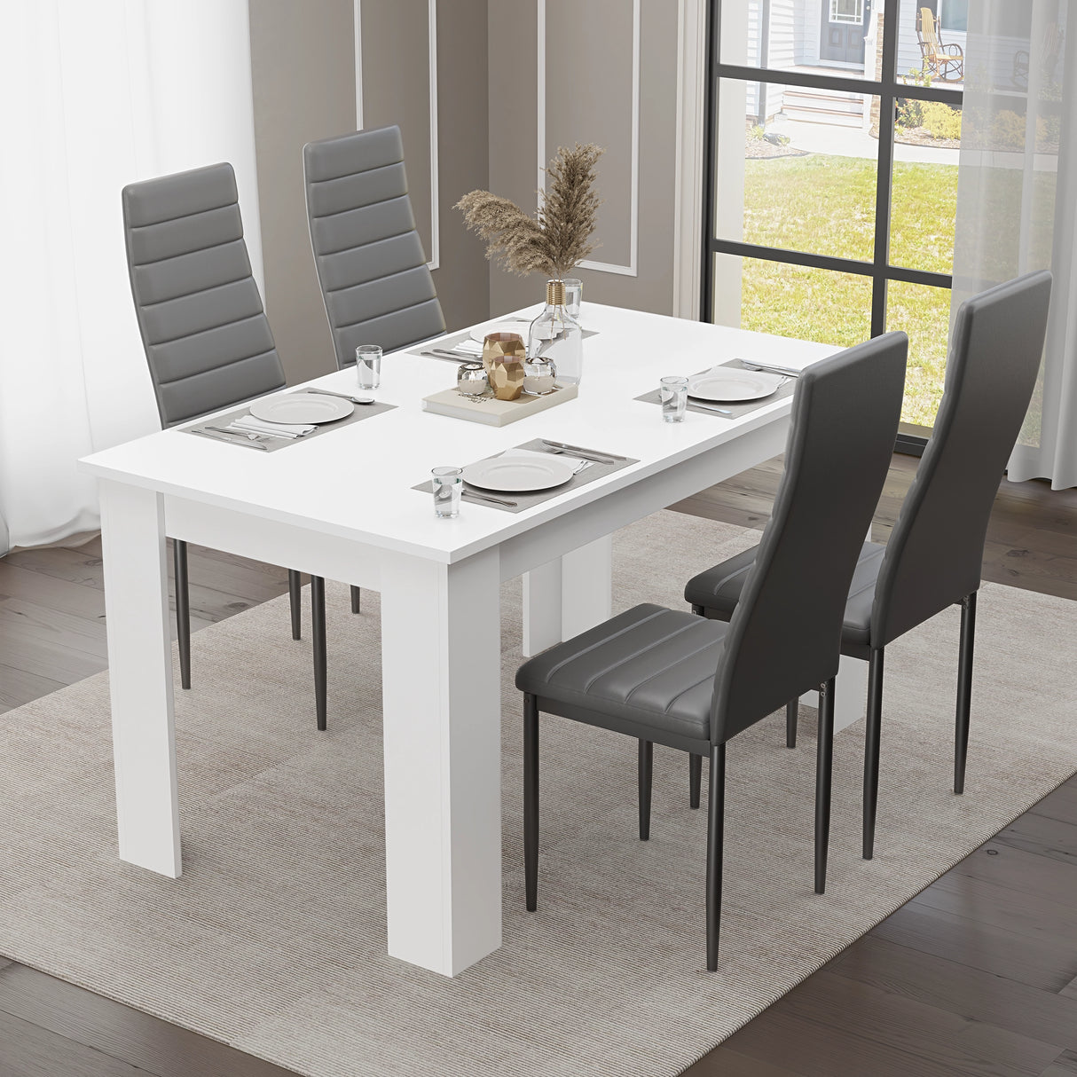 Minimalist Dining Set For 4 With Padded Chairs – Compact White Table
