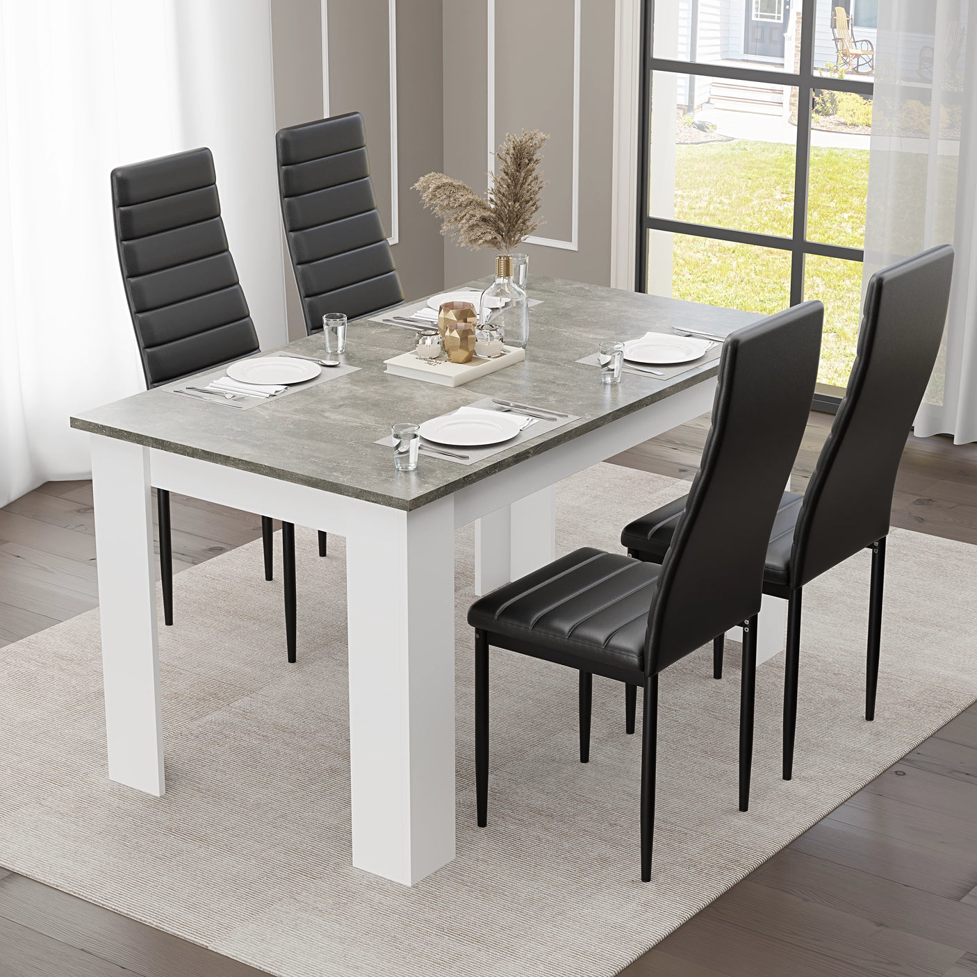 Stylish Grey Marble Finish Dining Table Set with 4 Padded Chairs