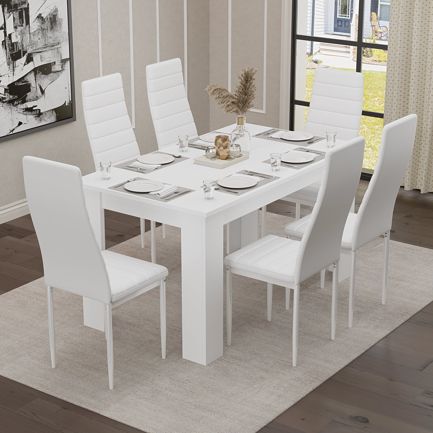 Dining table set 6 seater – White table with six matching white padded chairs, perfect for minimalist dining spaces.