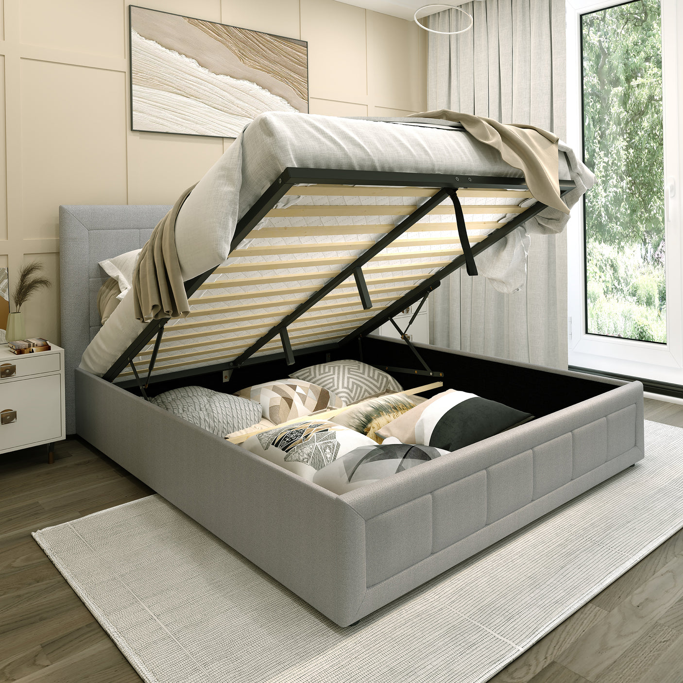 Blisswood Ottoman Bed With 8" Mattress, Grey Linen