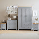 Bedroom furniture set grey with chest of drawers, wardrobes, and bedside table.