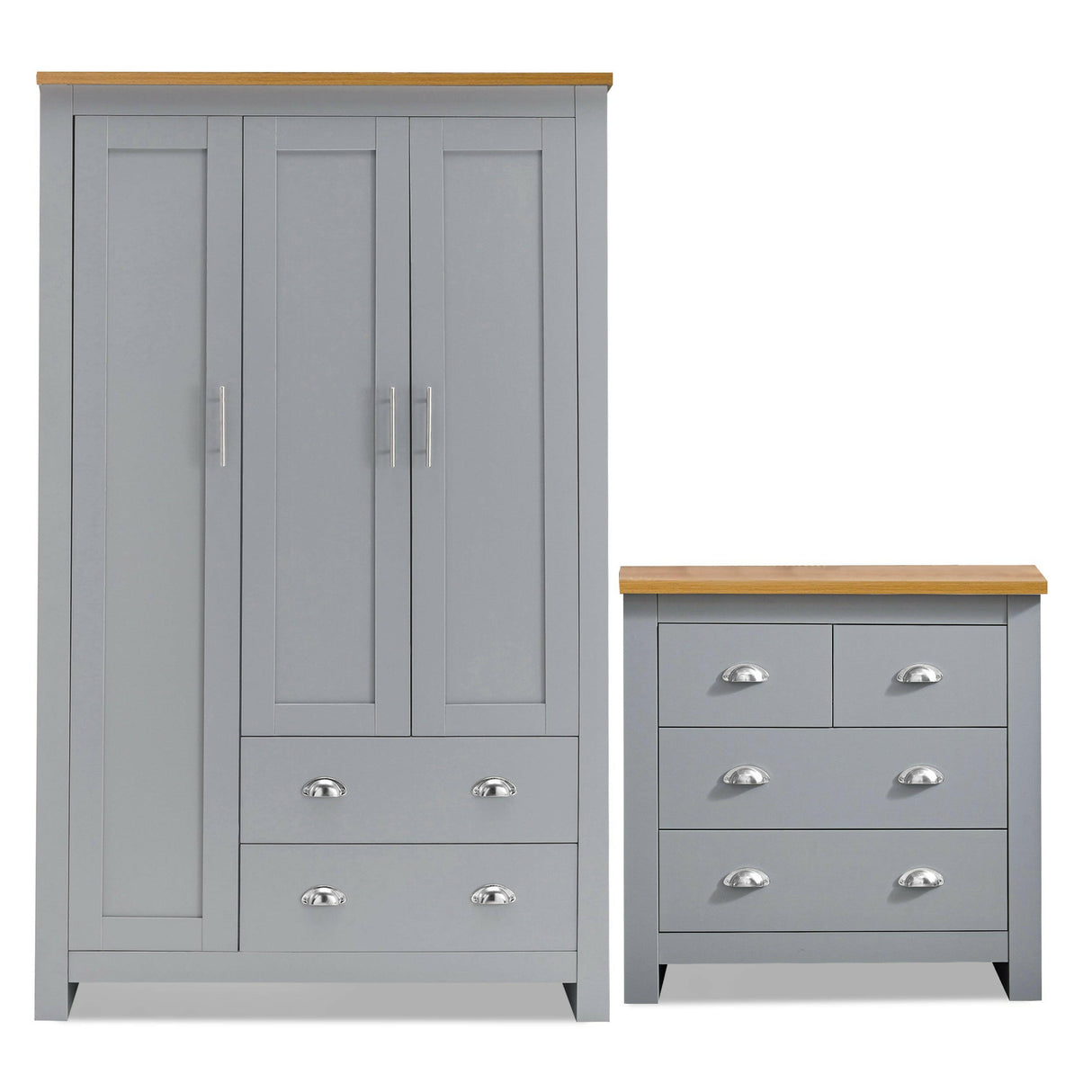 Bedroom furniture set grey with wardrobe and chest of drawers, oak top, silver handles.