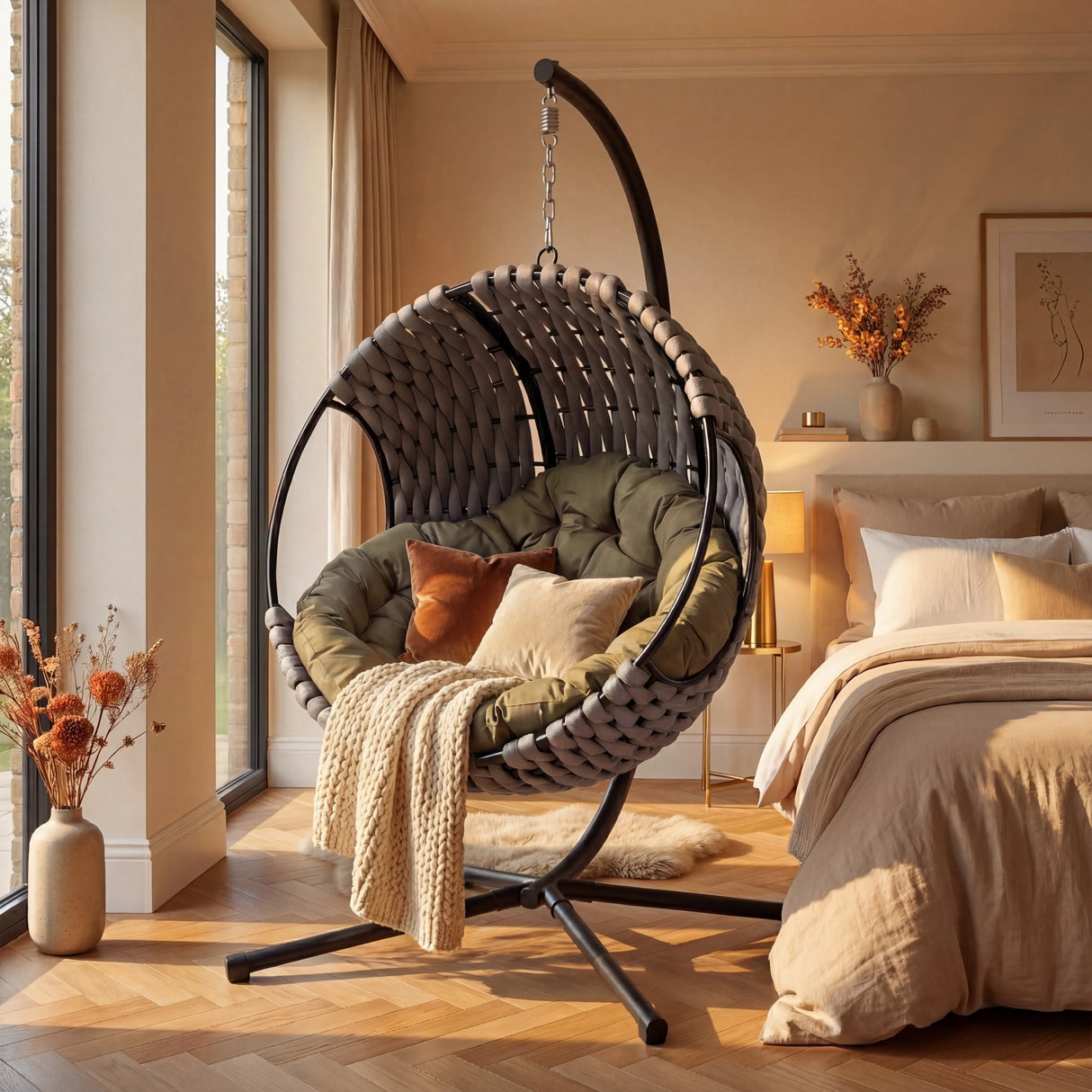 Round Garden Hanging Egg Chair placed in a cozy bedroom corner, blending comfort and style for indoor relaxation.