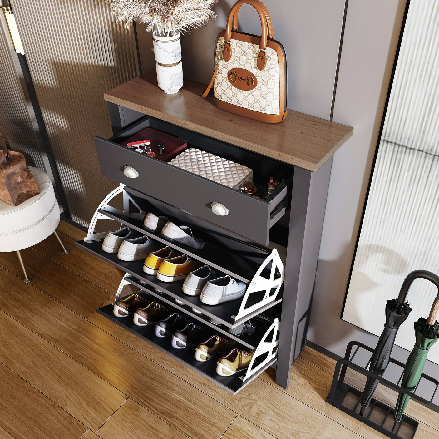 Black Blisswood Shoe Cabinet with open drawer and shoe compartments, showcasing organized footwear and accessories.