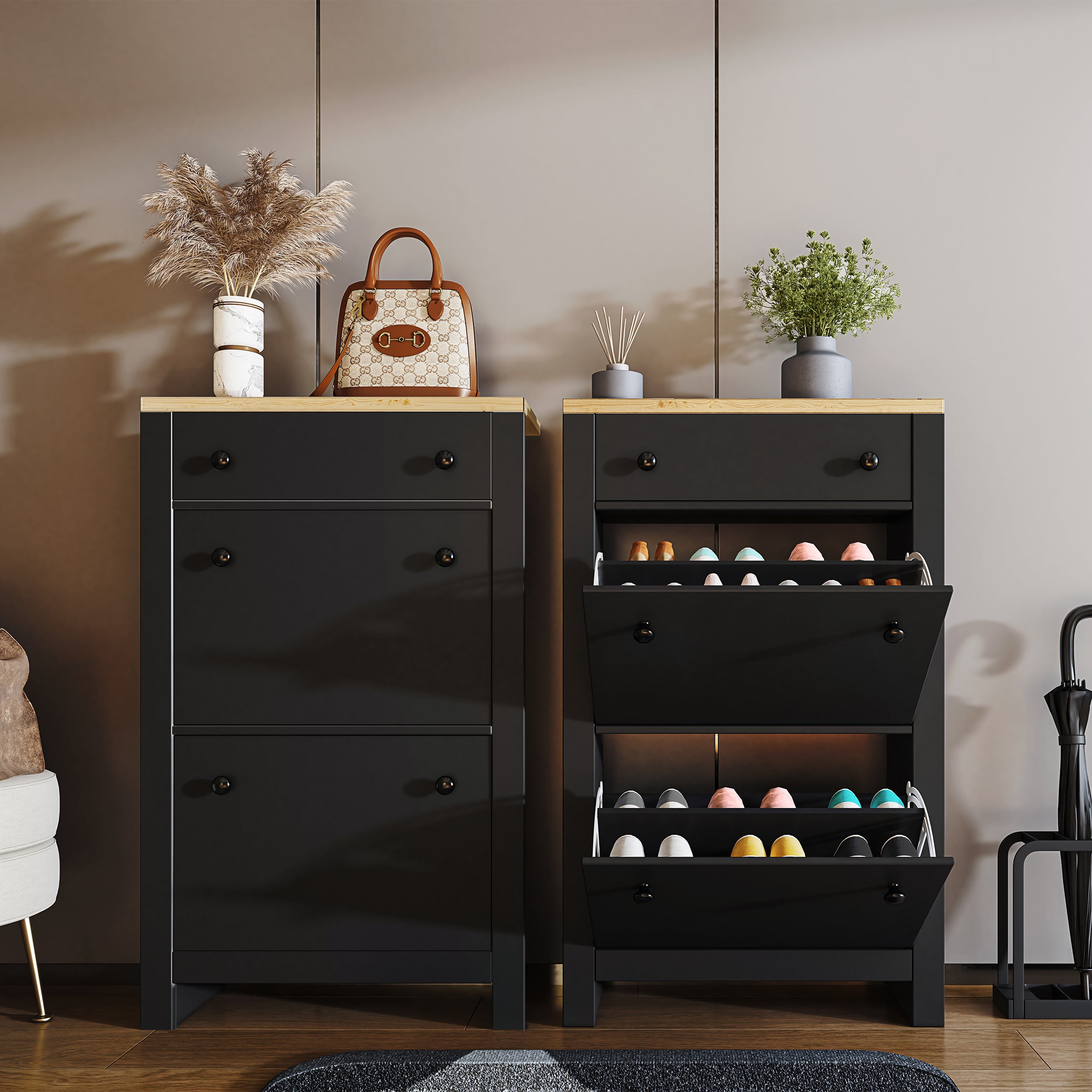 Black shoe cabinet with drawer and multiple flip-up compartments for organized storage.