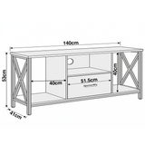 [Black] Calvera TV stand technical diagram showing overall width 140cm, height 53cm, depth 41cm, centre unit 51.5cm wide, left section 40cm wide, and cabinet height 40cm
