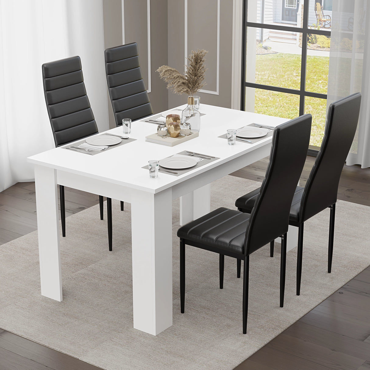 Minimalist Dining Set For 4 With Padded Chairs – Compact White Table