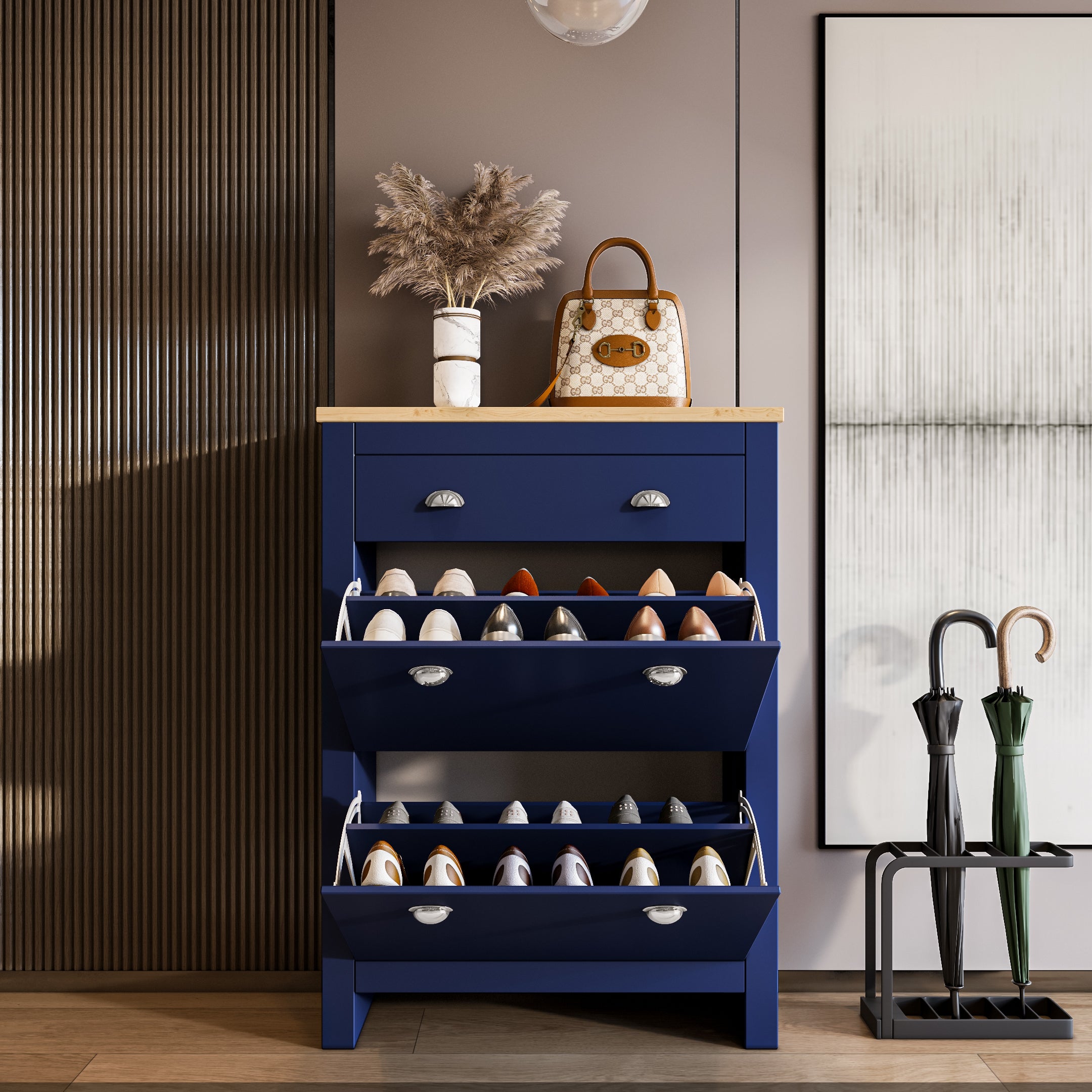 Blue shoe cabinet with oak top and multiple flip-up compartments for organized shoe storage