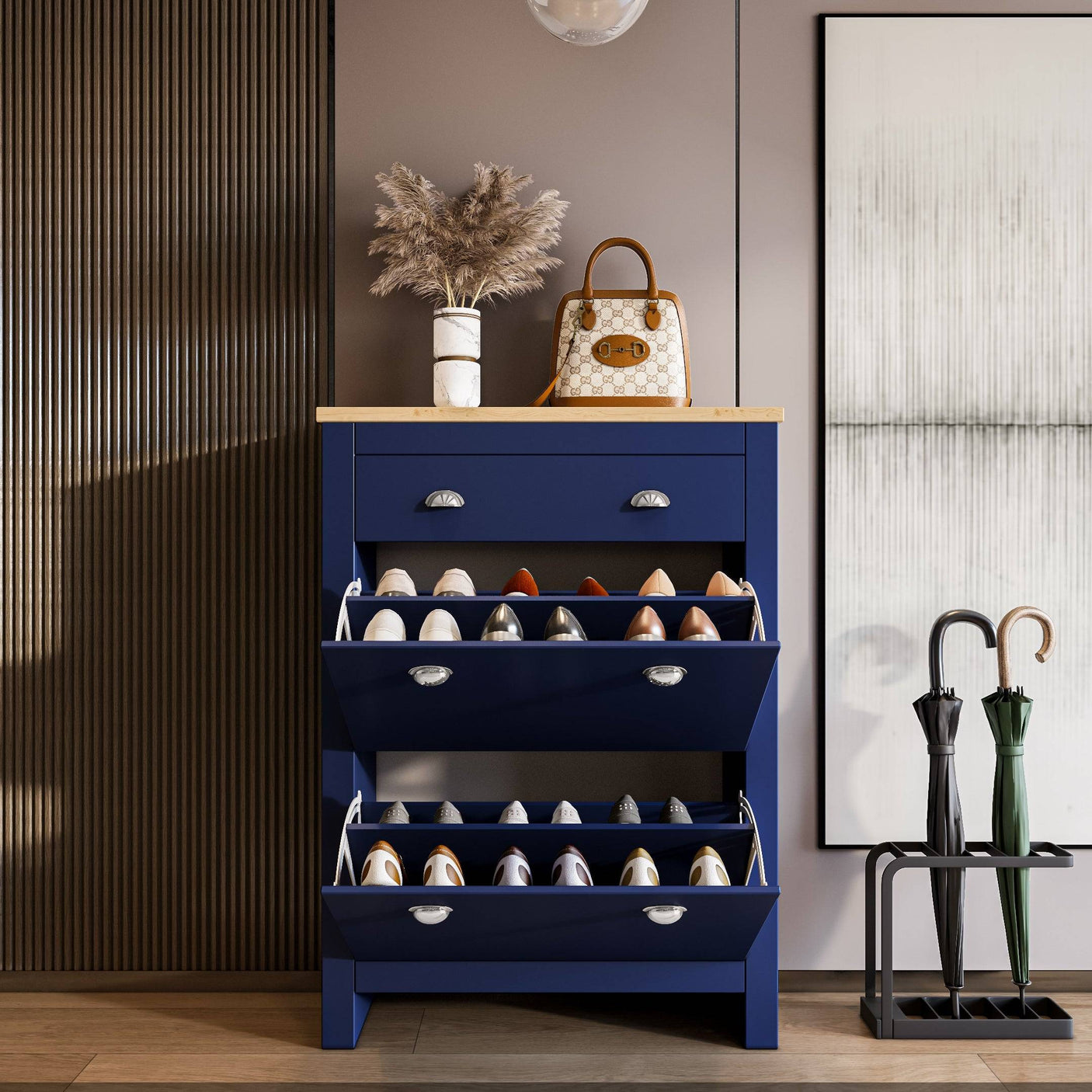 Navy Blisswood Shoe Cabinet with all compartments open, displaying organized shoes in a stylish hallway setting.
