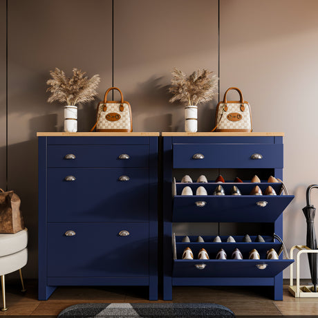 Blue shoe entryway cabinet with flip drawers and wooden top for storage