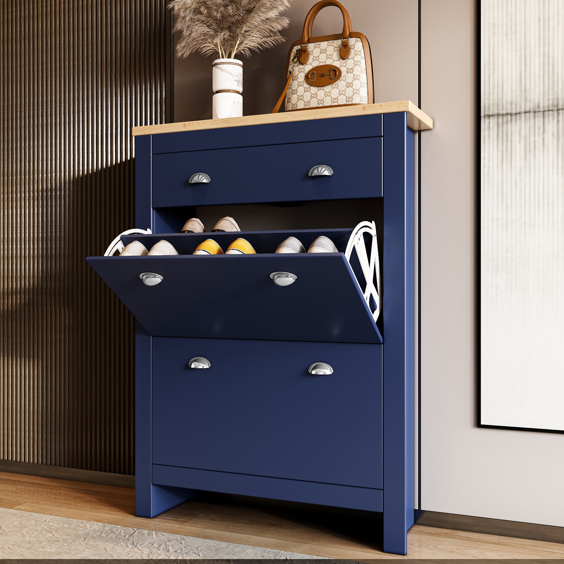 Blue shoe entryway storage with wooden top and flip drawers for shoes