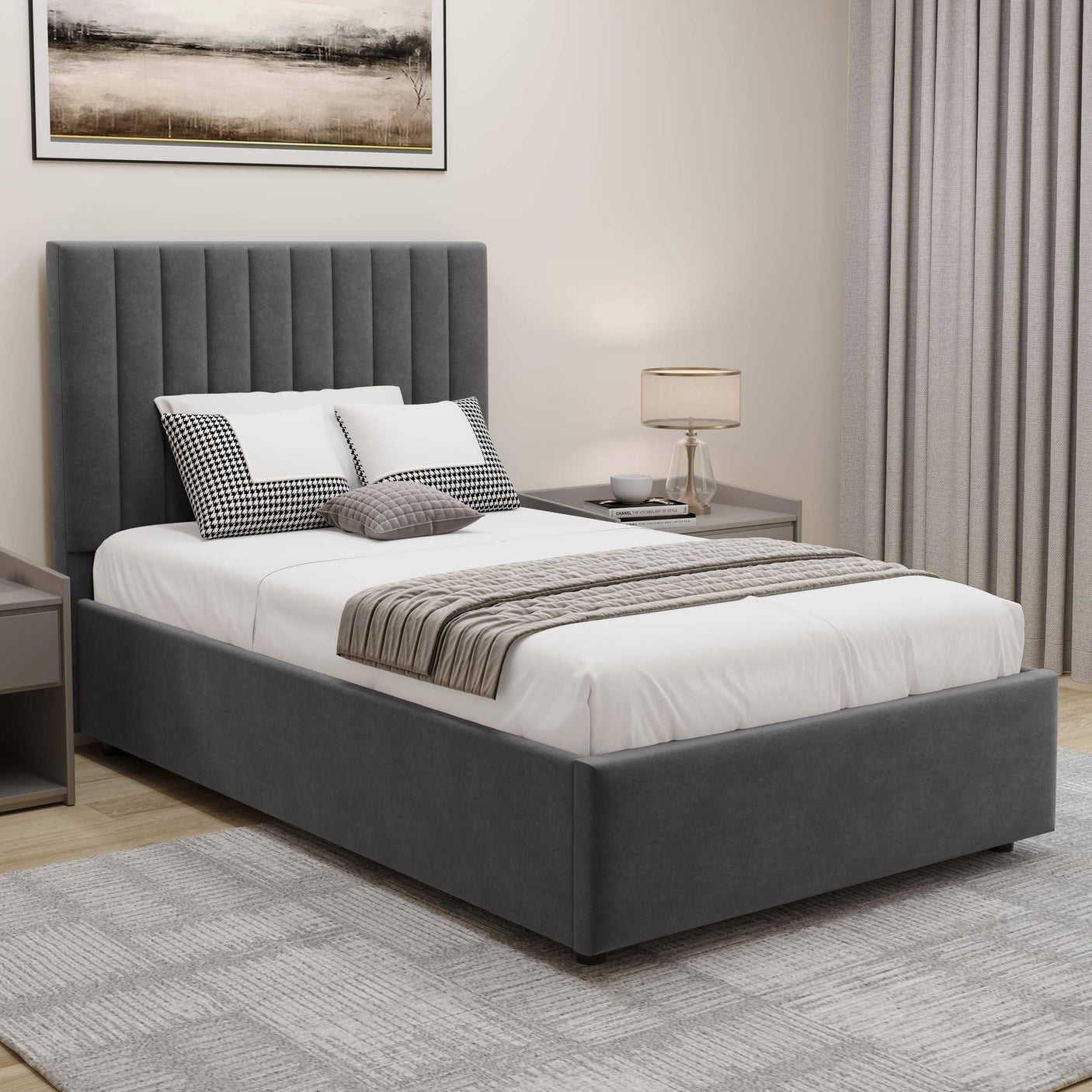 Blisswood Velvet Quilted Vertical Line Ottoman Storage Bed With Mattress