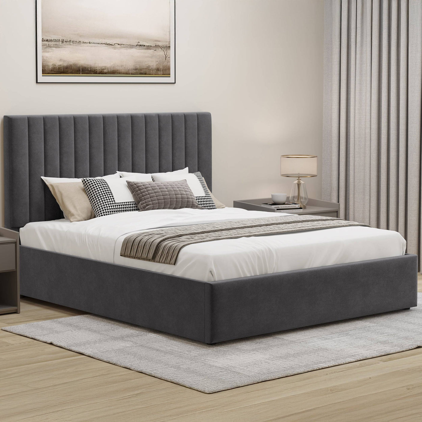 Blisswood Velvet Quilted Vertical Line Ottoman Storage Bed With Mattress