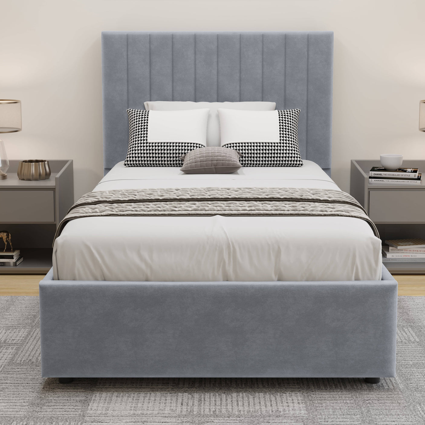 Blisswood Velvet Quilted Vertical Line Ottoman Storage Bed With Mattress