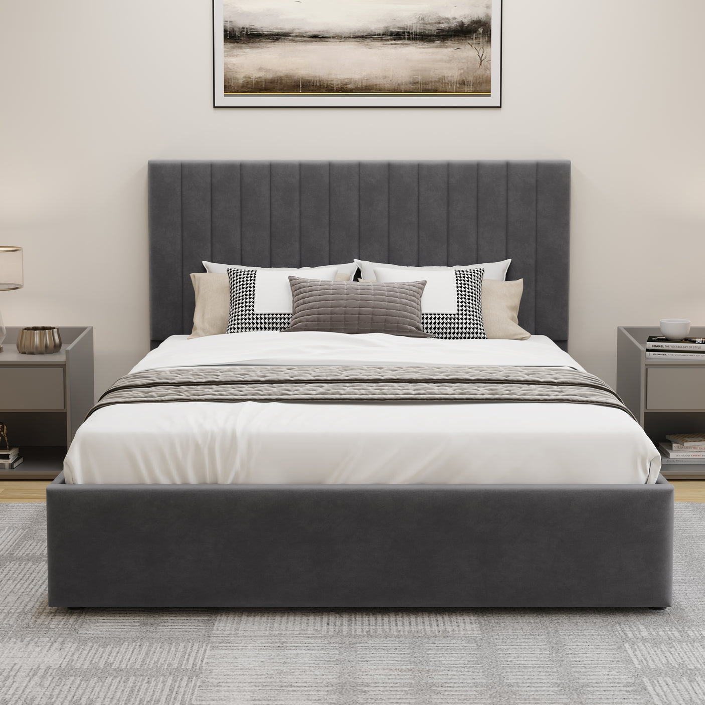 Blisswood Velvet Quilted Vertical Line Ottoman Storage Bed With Mattress