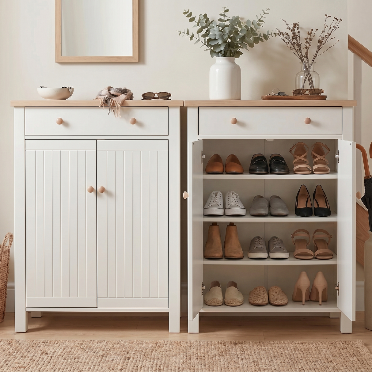[White] Close/open split side by side: left unit closed in hallway, right unit open showing 4 shelves with mixed footwear; eucalyptus stem vase on top right unit; staircase behind