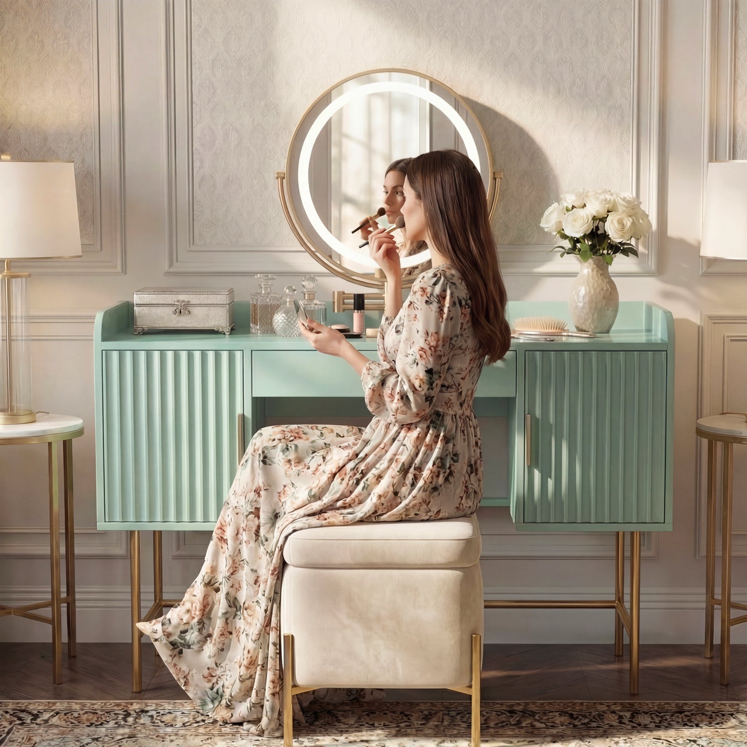 Flutrina Dressing Table with LED Mirror Makeup Vanity Desk