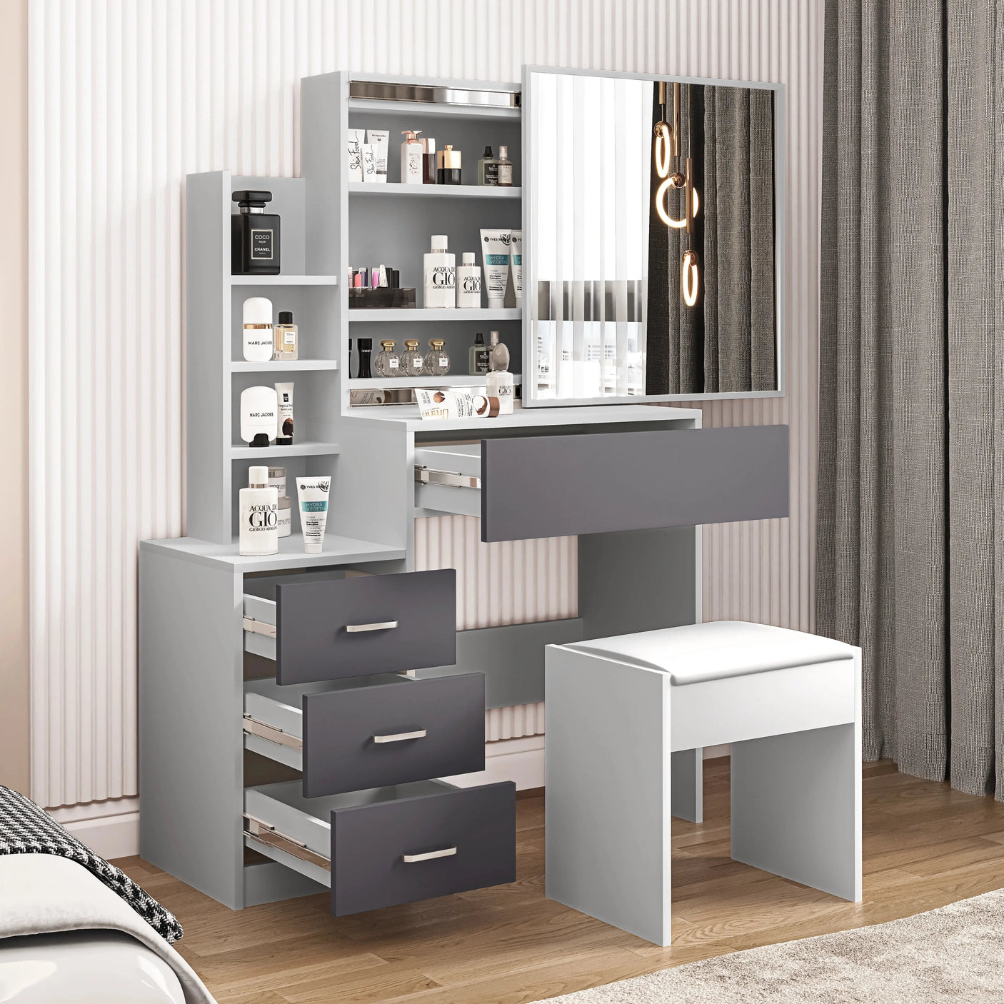 Two-tone grey dressing table with mirror and stool. Features drawers and shelves for organized bedroom makeup storage.