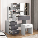 Two-tone grey dressing table with mirror and stool. Features drawers and shelves for organized bedroom makeup storage.