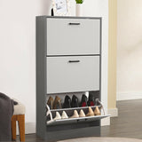 Dark grey shoe cabinet with two drawers and spacious compartments for organized shoe storage.