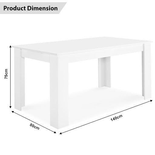 White dining table with dimensions provided, perfect for modern kitchens and dining rooms.