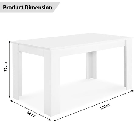 White dining tables with dimensions provided, perfect for modern kitchens and dining rooms.