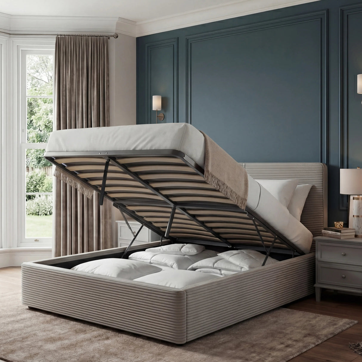Open double ottoman bed with hidden storage showing beddings stored inside, placed in a bedroom
