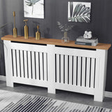 [Extra Large | White] White radiator cover with oak top and vertical slatted design in hallway setting, ideal for modern home décor and heating efficiency.