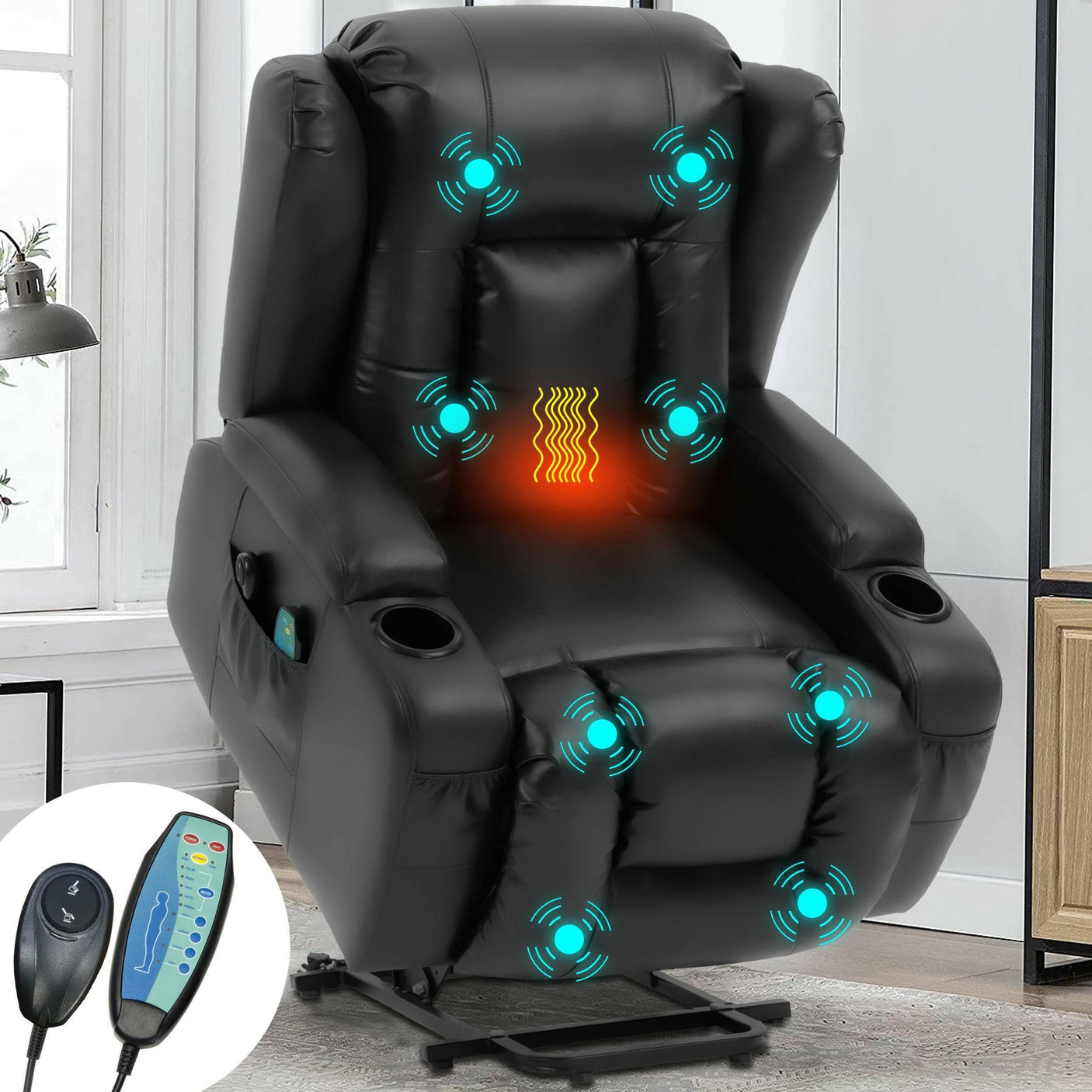 Black leather electric riser recliner chair with massage and heat zones. Includes remote control and cup holders for luxury seating.