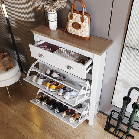 Entryway cabinet with shoe storage and drawer, featuring a wooden top and multiple shoe racks