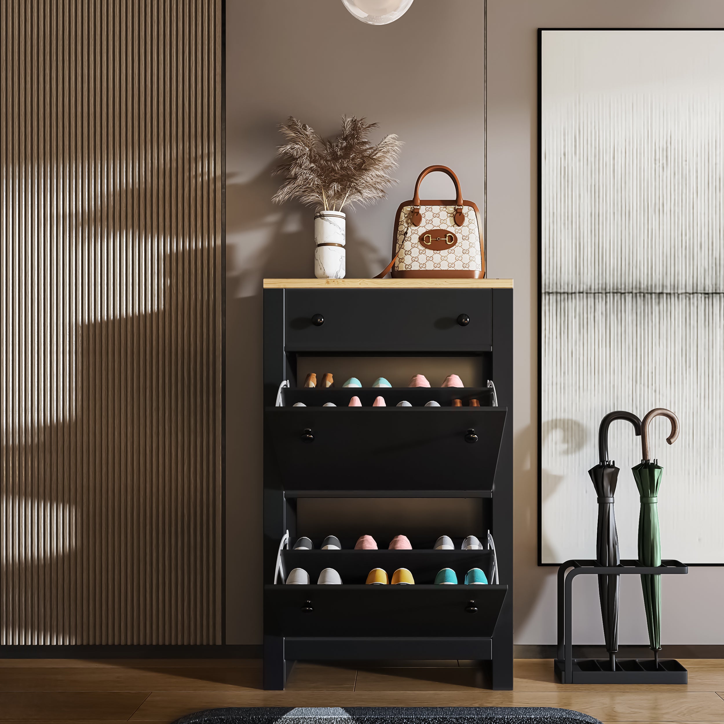 Entryway shoe cabinet with drawer and flip-up compartments for organized shoe storage.