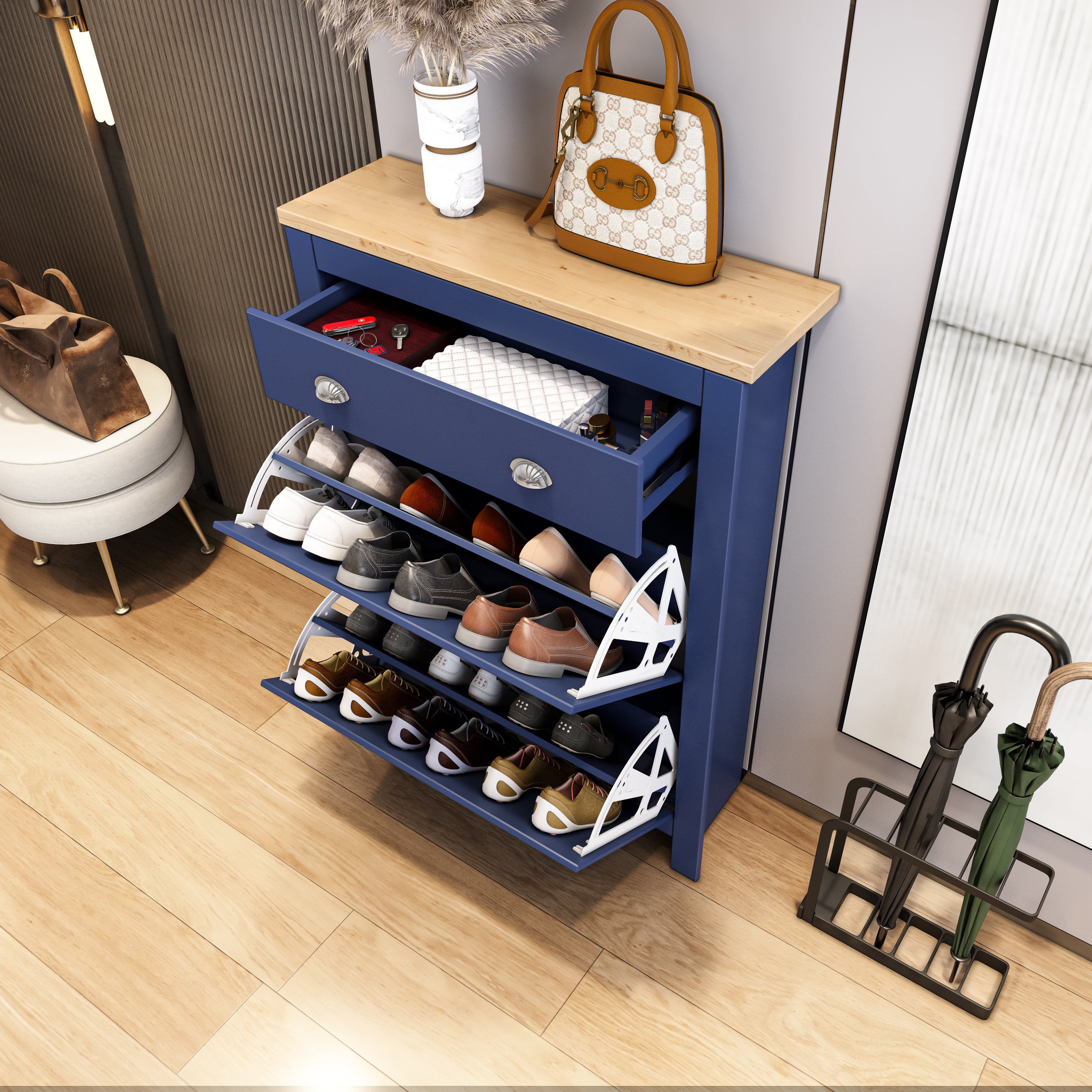 Entryway table with shoe storage and wooden top with multi-tier flip drawers