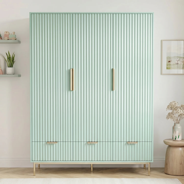 [Sage Green] Flutrina 3 door wardrobe fluted panels, gold bar handles, three drawers, slim gold base