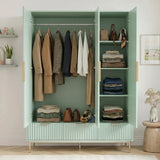 [Sage Green ] Flutrina 3 door wardrobe open, hanging rail with coats and four right-side shelves holding folded knits
