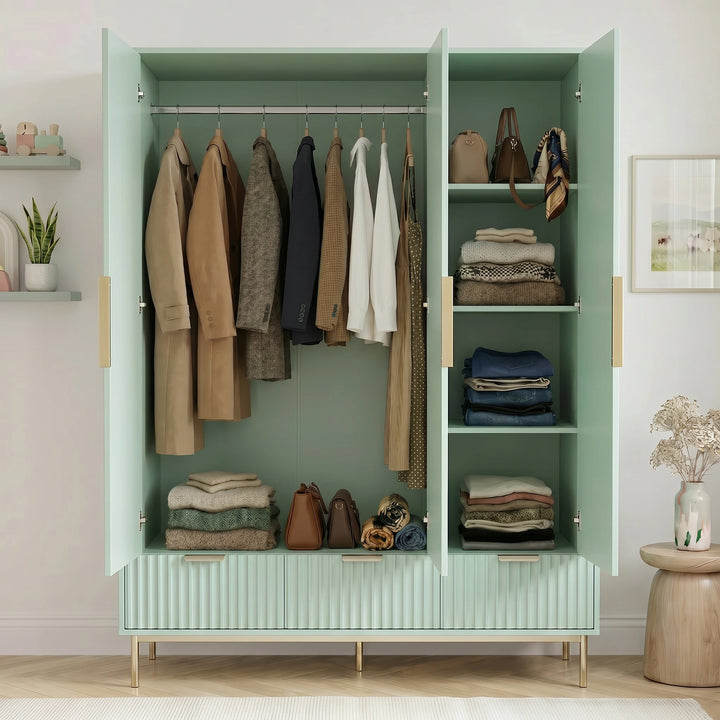 [Sage Green ] Flutrina 3 door wardrobe open, hanging rail with coats and four right-side shelves holding folded knits
