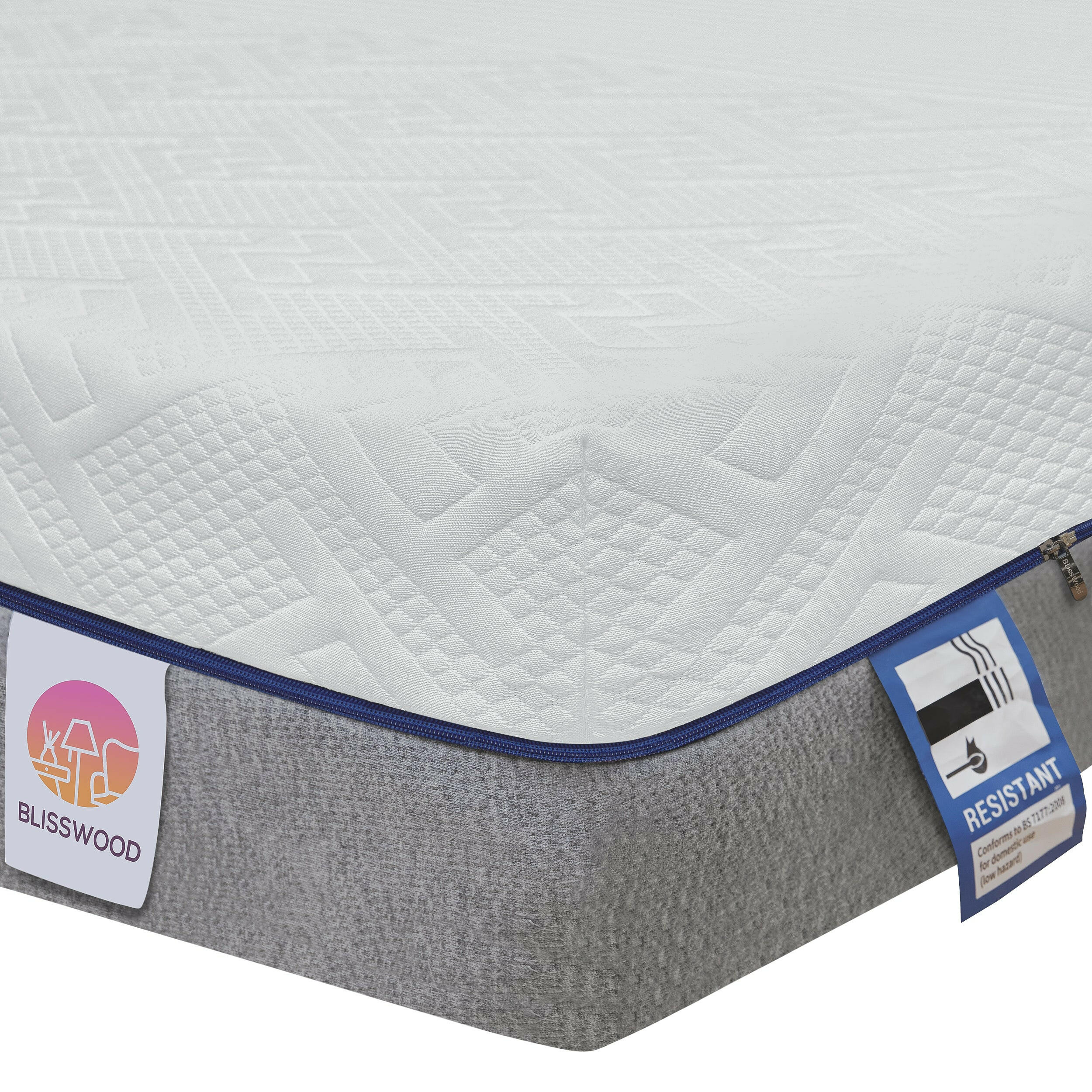 Blisswood foam mattress corner view showcasing quilted fabric cover, durable build.